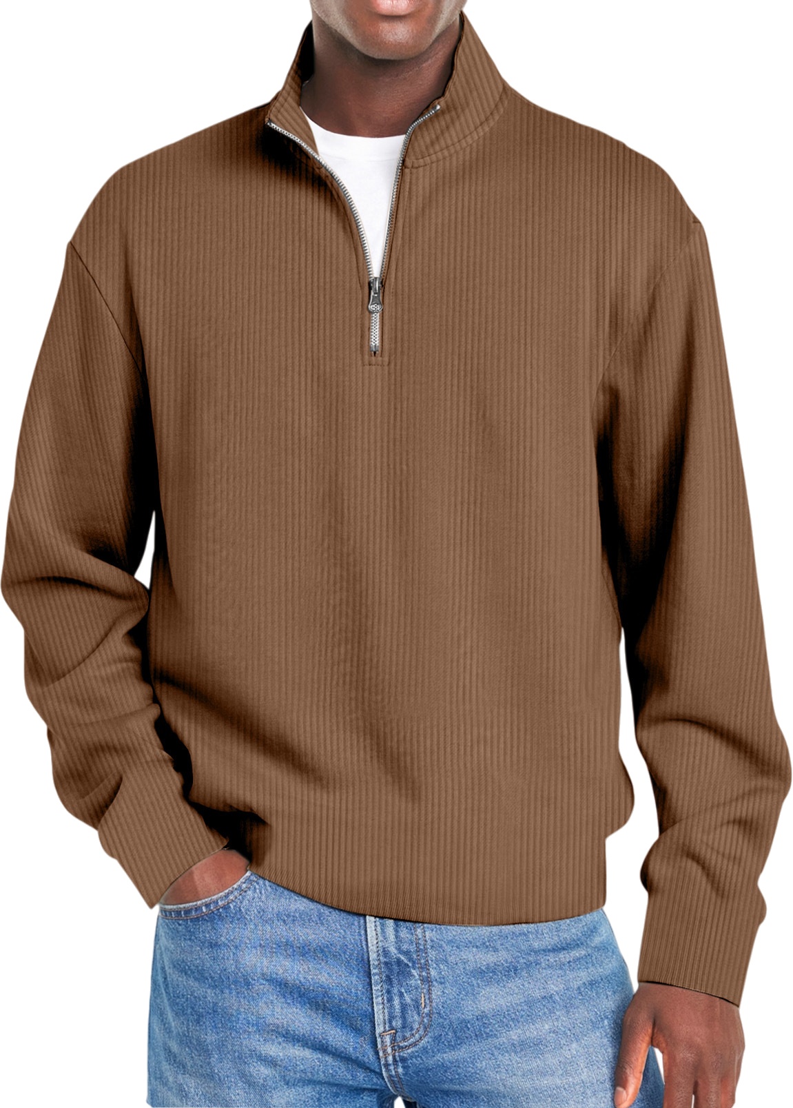 Men's Quarter-Zip Ribbed Knit Pullover – Casual Stand Collar Long Sleeve Sweater