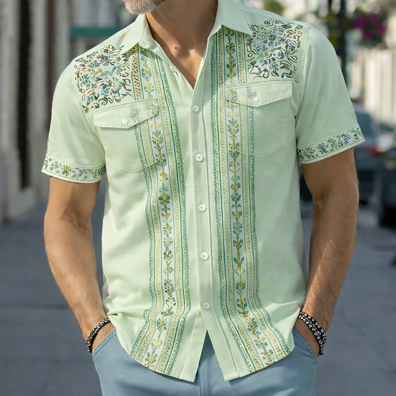 Men Lapel Collar Ethnic Pattern Short Sleeve Button Up Shirts Casual Daily Beach Wear Shirts