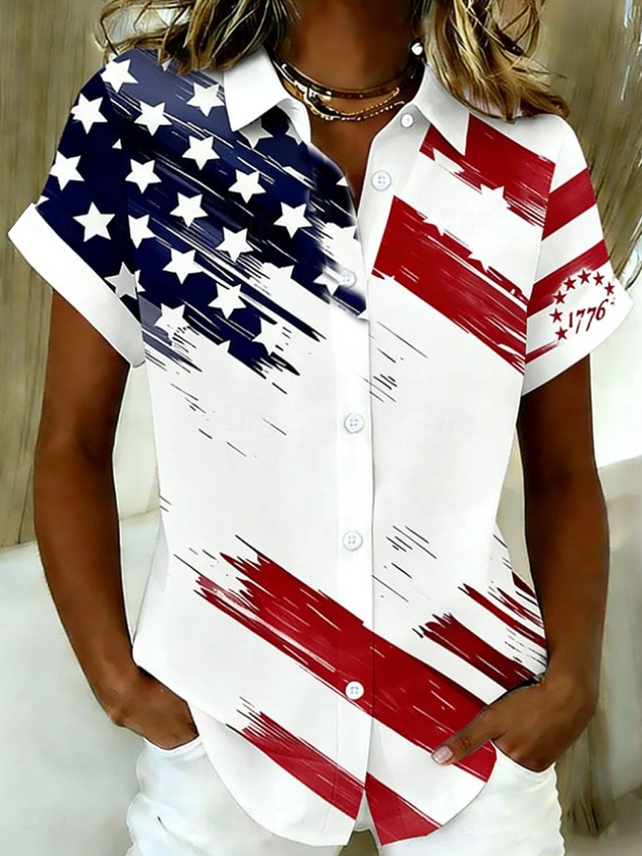 USA 250th Anniversary Patriotic Shirt, Short Sleeve Casual Button Down Blouse