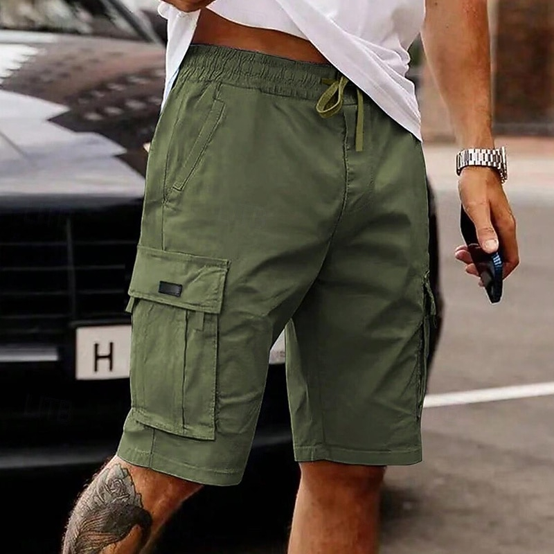 Men Summer Utility Cargo Shorts Elastic Drawstring Waist Multi Pockets Daily Streetwear Knee Length Shorts