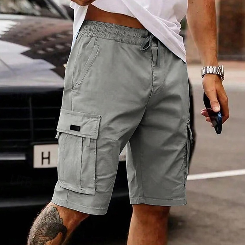 Men Summer Utility Cargo Shorts Elastic Drawstring Waist Multi Pockets Daily Streetwear Knee Length Shorts