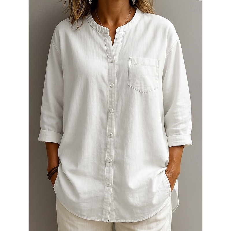 Loose Fit Casual Solid Color Linen Tunic Blouse