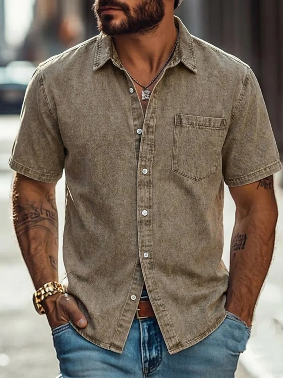 Rugged Washed Casual Denim Shirt With Chest Pocket