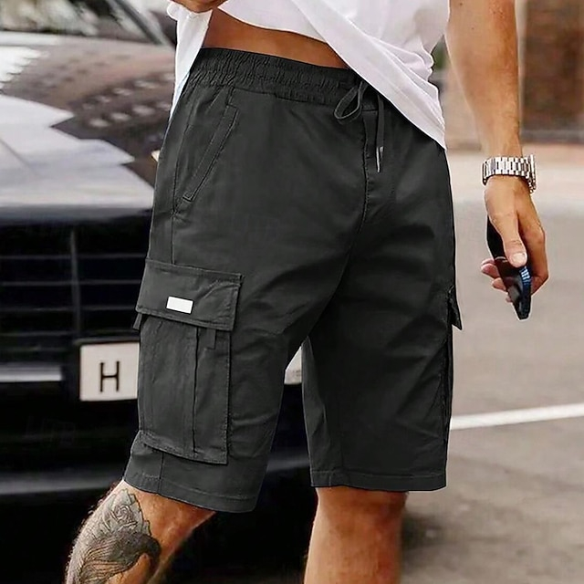 Men Summer Utility Cargo Shorts Elastic Drawstring Waist Multi Pockets Daily Streetwear Knee Length Shorts
