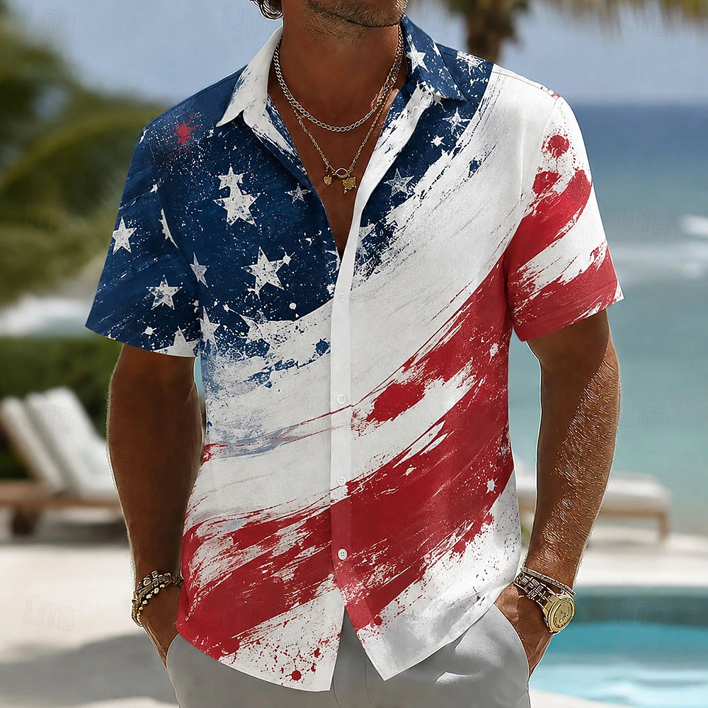 Men Vintage Brush Stroke American Star Flag Print Short Sleeve Lapel Casual Hawaiian Shirt