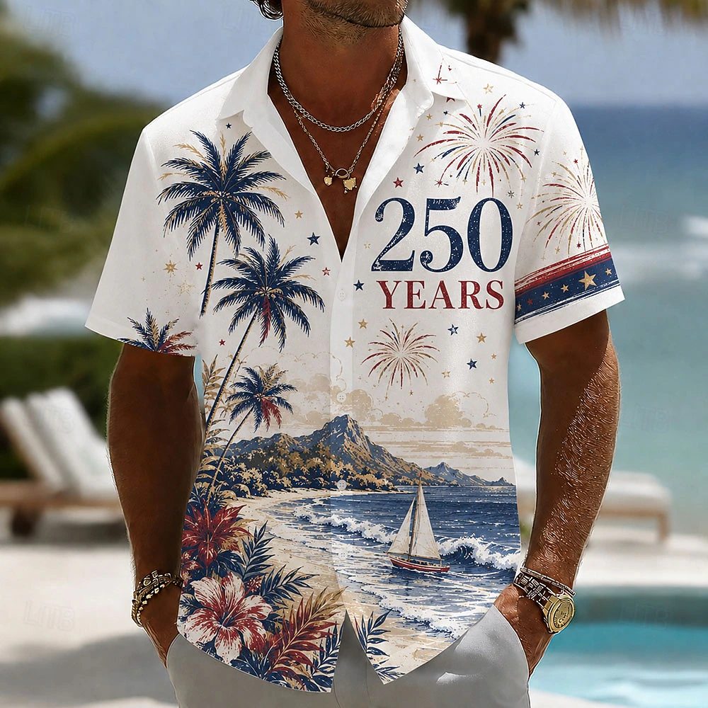 Coastal Palm Tree Hibiscus Fireworks Men Lapel Vacation Casual Summer Shirt