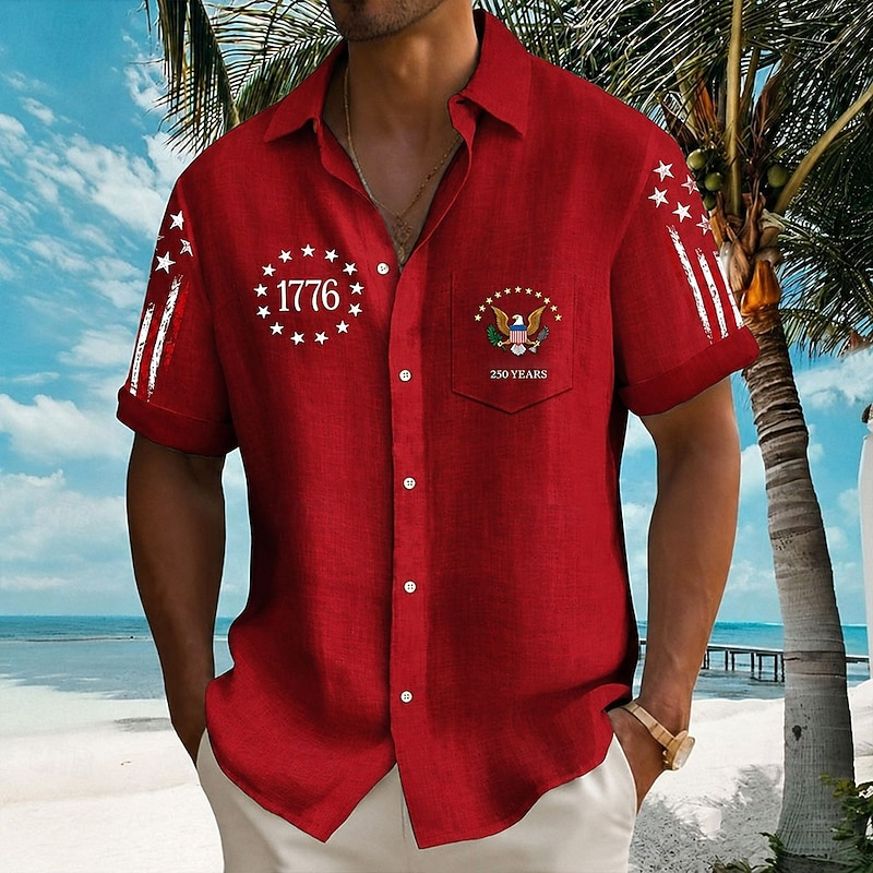 Lapel Collar Chest Pocket Curved Hem Men Shirt Textured Linen Fabric 1776 Eagle Seal Star Flag Patriotic Casual Top
