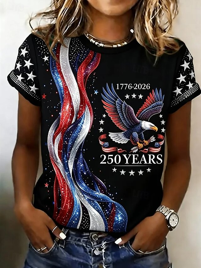 Women’s Patriotic Eagle & Flag Print T-Shirt, 250th Anniversary Top, Multiple Colors Available