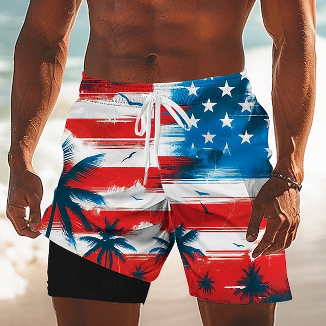 Independence Day Men's 4th of July U.S. 250th Anniversary US Flag Patriotic Lined Shorts 2 in 1 Board Shorts