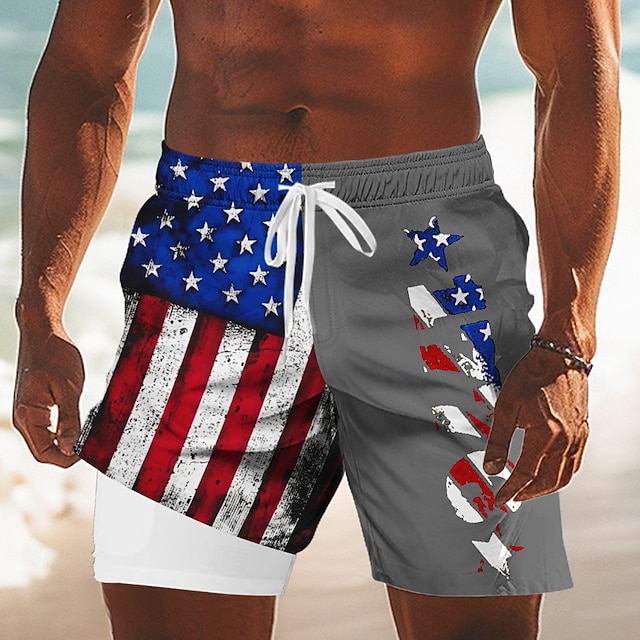 [Copy]Independence Day Men's 4th of July U.S. 250th Anniversary US Flag Patriotic Lined Shorts 2 in 1 Board Shorts