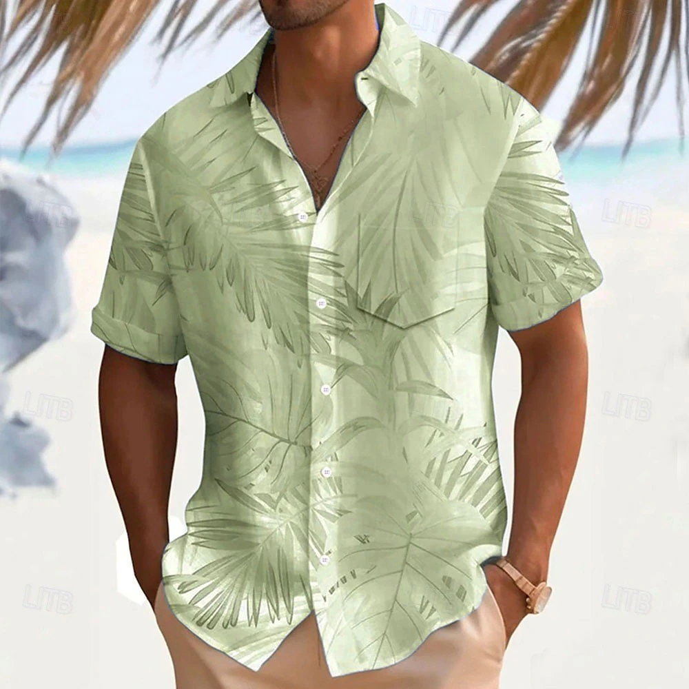 Neutral Tone Tropical Plant Print Button Up Shirt, Breathable Casual Beach Travel Short Sleeve Blouse
