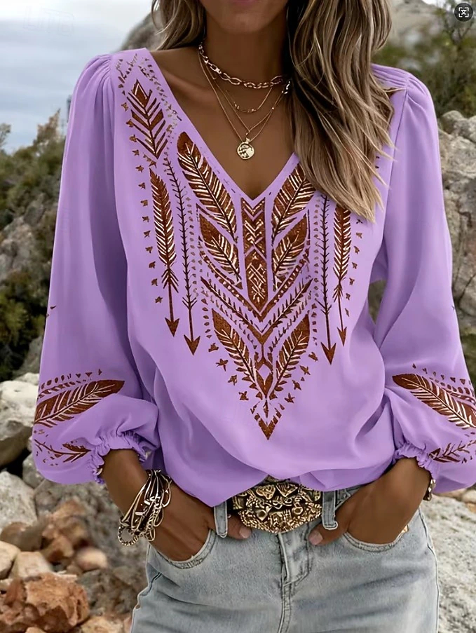 Ethnic Arrow Feather Print Long Sleeve Blouse Women V Neck Puff Sleeve Casual Boho Loose Fit Top