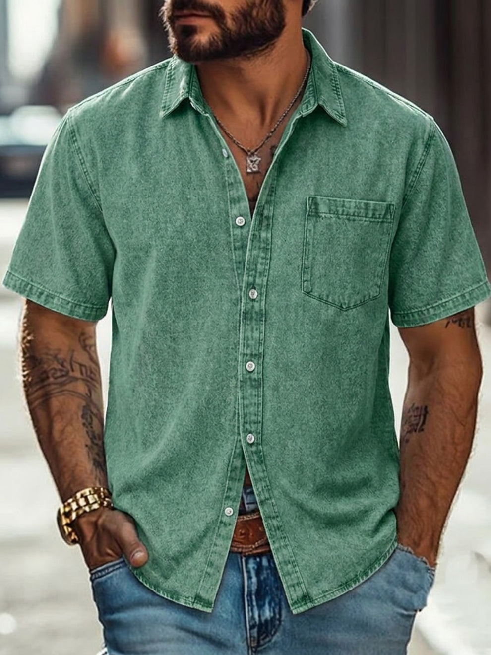 Rugged Washed Casual Denim Shirt With Chest Pocket