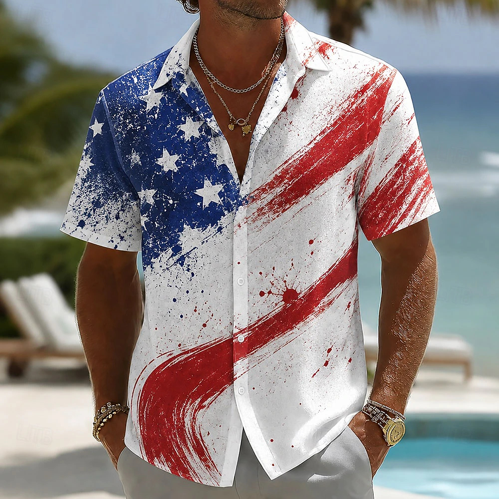 Men Vintage Brush Stroke American Star Flag Print Short Sleeve Lapel Casual Hawaiian Shirt