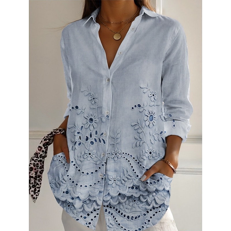 Boho Vintage Floral Eyelet Pattern Loose Fit Blouse, Ladies Long Sleeve Lapel Collar Casual Shirts with Side Pockets