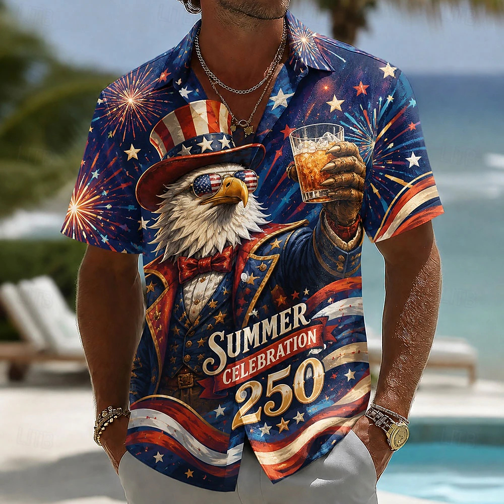 Men Bald Eagle American Flag 250 Years Patriotic Short Sleeve Hawaiian Shirt