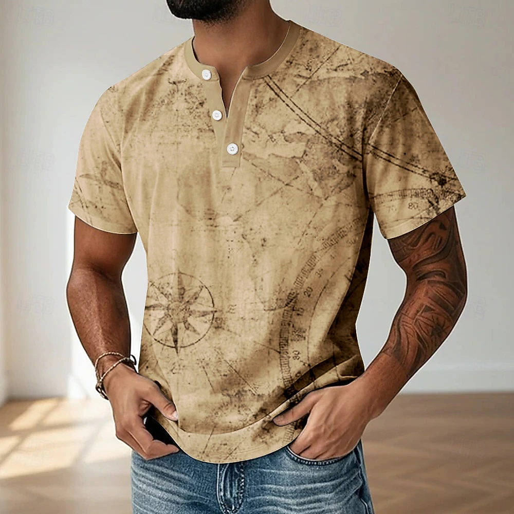 Men Vintage World Map Print Short Sleeve Henley Shirt