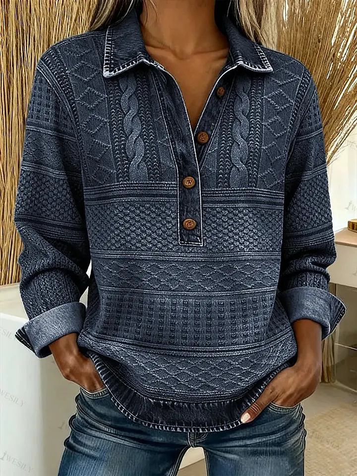 Women Vintage Washed Textured Denim Long Sleeve Shirt