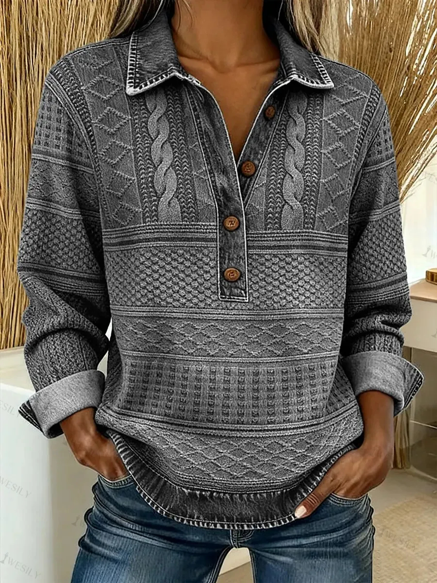 Women Vintage Washed Textured Denim Long Sleeve Shirt