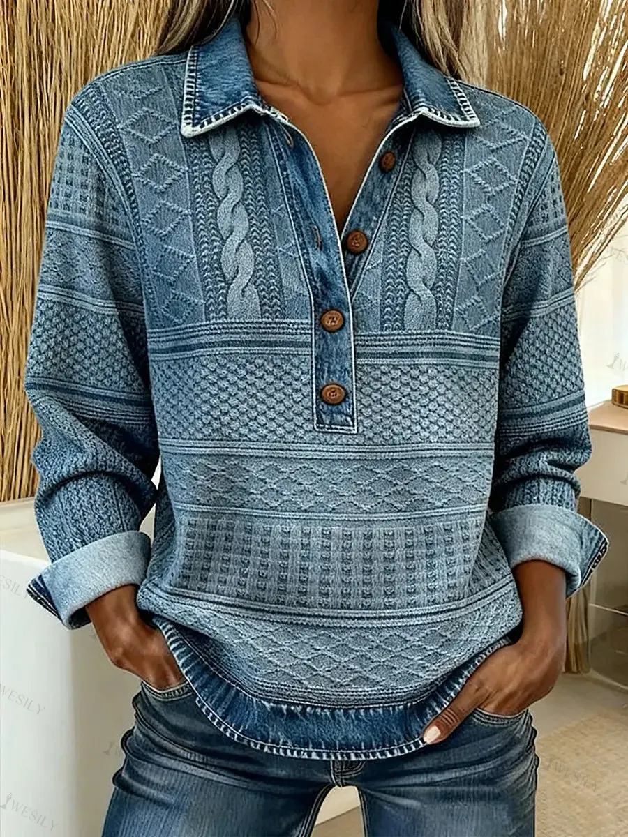 Women Vintage Washed Textured Denim Long Sleeve Shirt