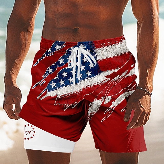 Independence Day Men's 4th of July U.S. 250th Anniversary US Flag Patriotic Lined Shorts 2 in 1 Board Shorts