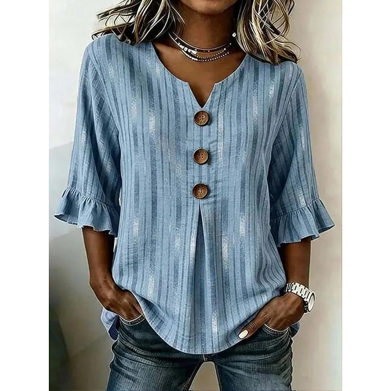 Ladies Lightweight Textured Casual Tunic Top, V-Neck Wooden Button Down Ruffle 3/4 Sleeve Shirt