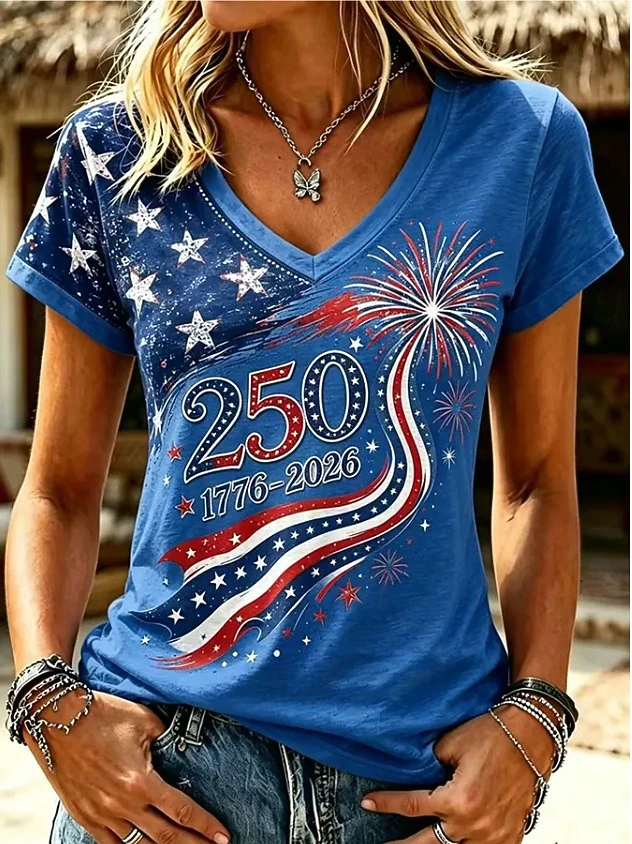 Patriotic American Flag Graphic Short Sleeve V Neck T-Shirt for Women