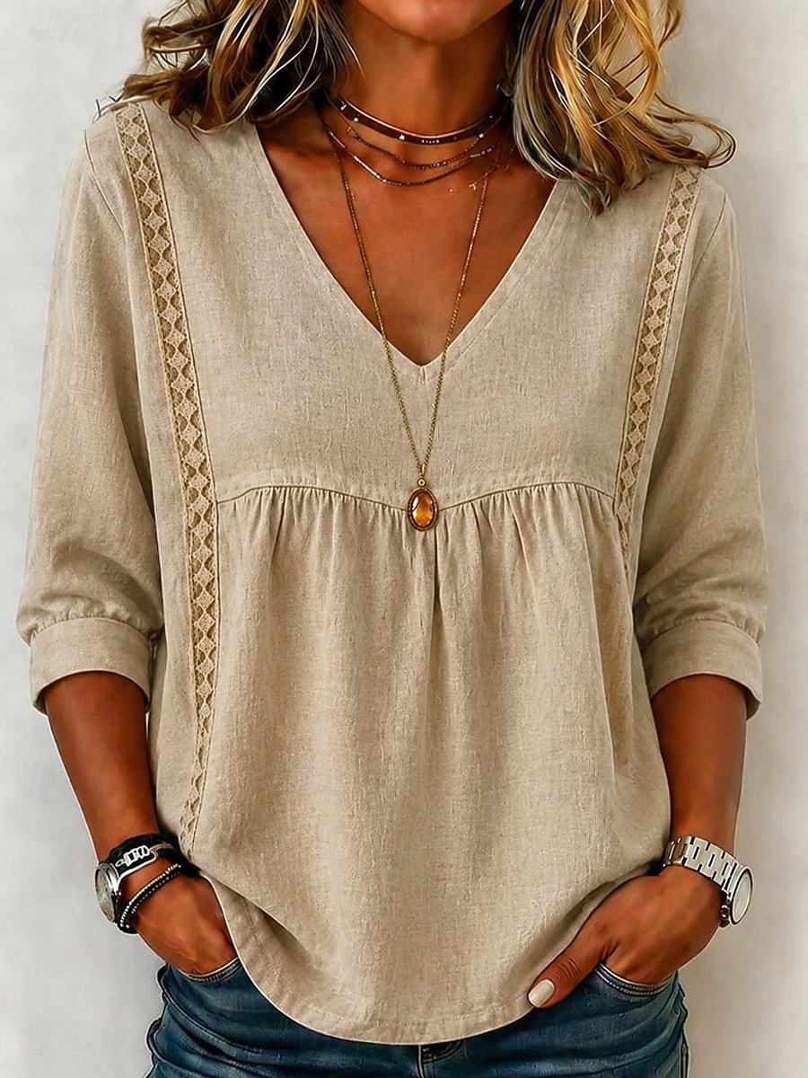 Vintage Boho Loose Fit Babydoll Blouse for Ladies, Lace Panel V Neck 3/4 Cuffed Sleeve Casual Travel Weekend Shirt Tops