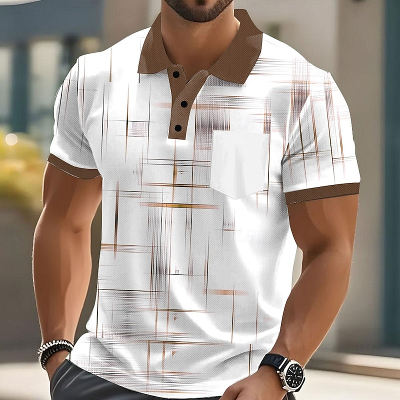 Mens Trendy Cross Line Pattern Polo T-Shirt, Contrast Trim Collar Short Sleeve Breathable Casual Golf Shirts for Weekend Vacation