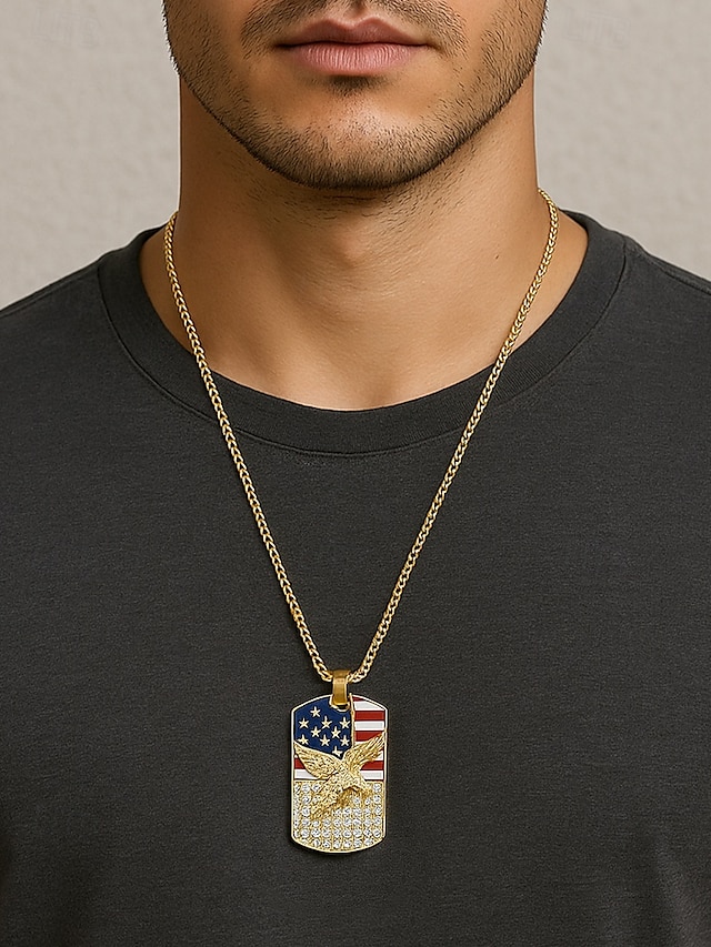 American Flag Eagle Dog Tag Necklace – Gold Plated Patriotic Pendant with Crystal Accents, USA Pride Jewelry