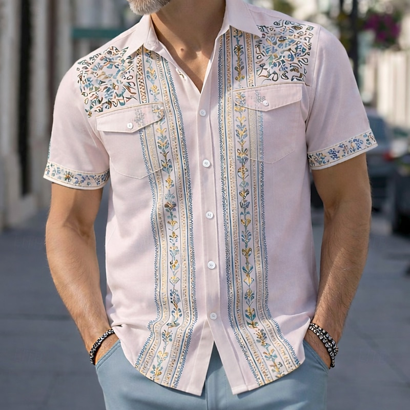 Men Lapel Collar Ethnic Pattern Short Sleeve Button Up Shirts Casual Daily Beach Wear Shirts