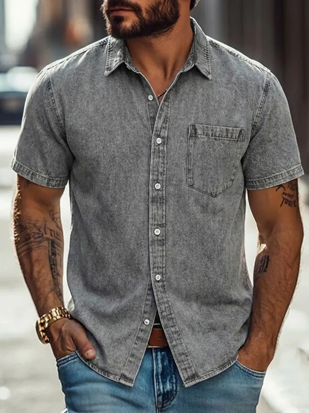 Rugged Washed Casual Denim Shirt With Chest Pocket