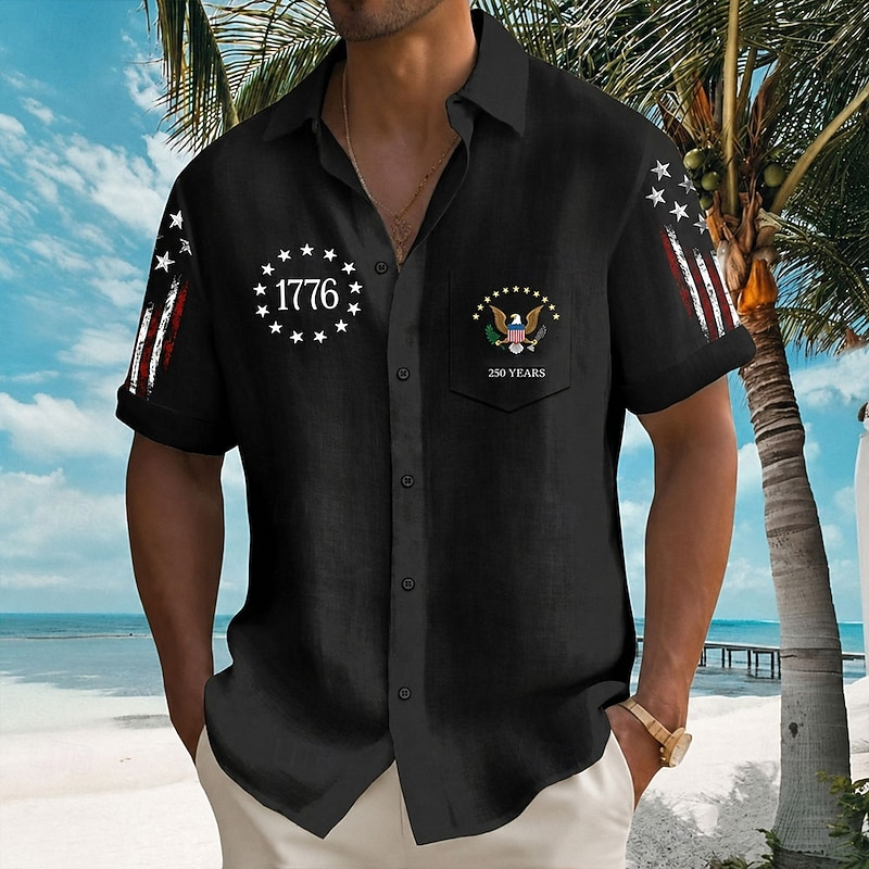 Lapel Collar Chest Pocket Curved Hem Men Shirt Textured Linen Fabric 1776 Eagle Seal Star Flag Patriotic Casual Top