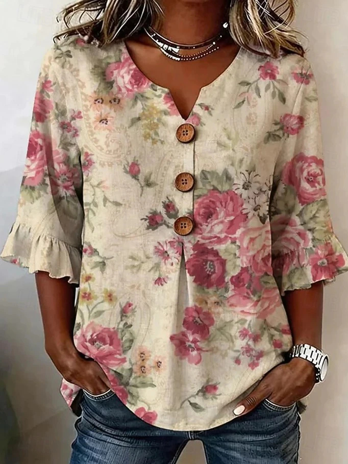 Vintage Floral Geometric Printed Casual Shirt, Relax Fit Half Placket Flared Sleeve Lightweight Ladies Daily Blouse
