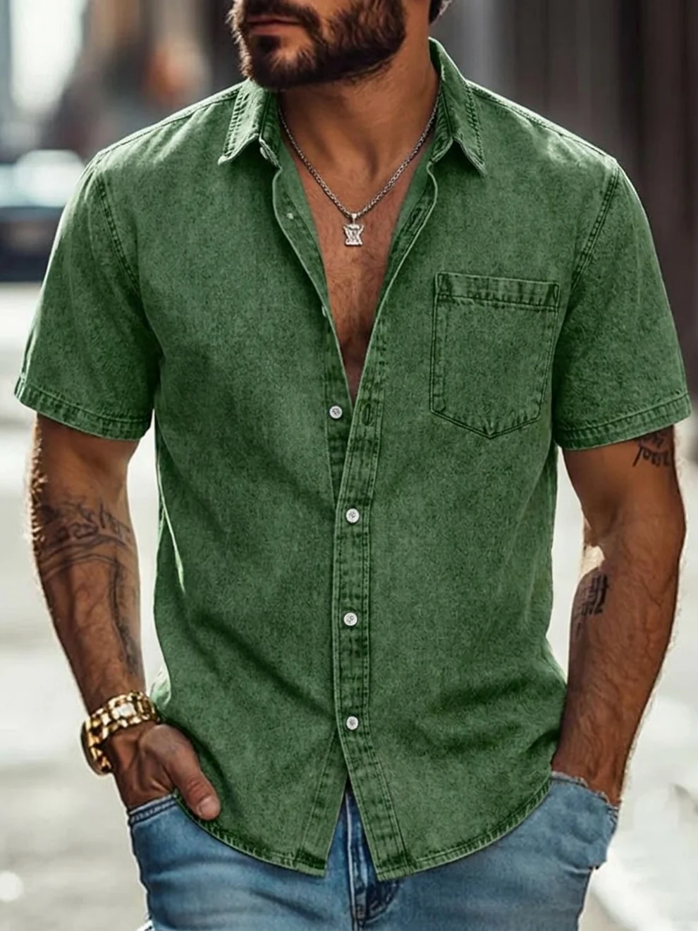 Rugged Washed Casual Denim Shirt With Chest Pocket