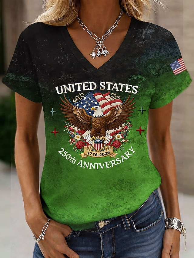 USA 250th Anniversary Eagle & Floral Accent V-Neck T-Shirt, Patriotic Casual Short Sleeve Top
