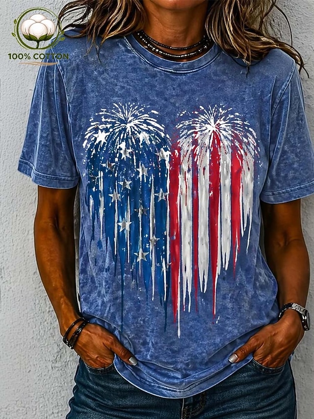 Multi-Color Patriotic Fireworks Flag T-Shirt, 100% Cotton Casual Short Sleeve Tee