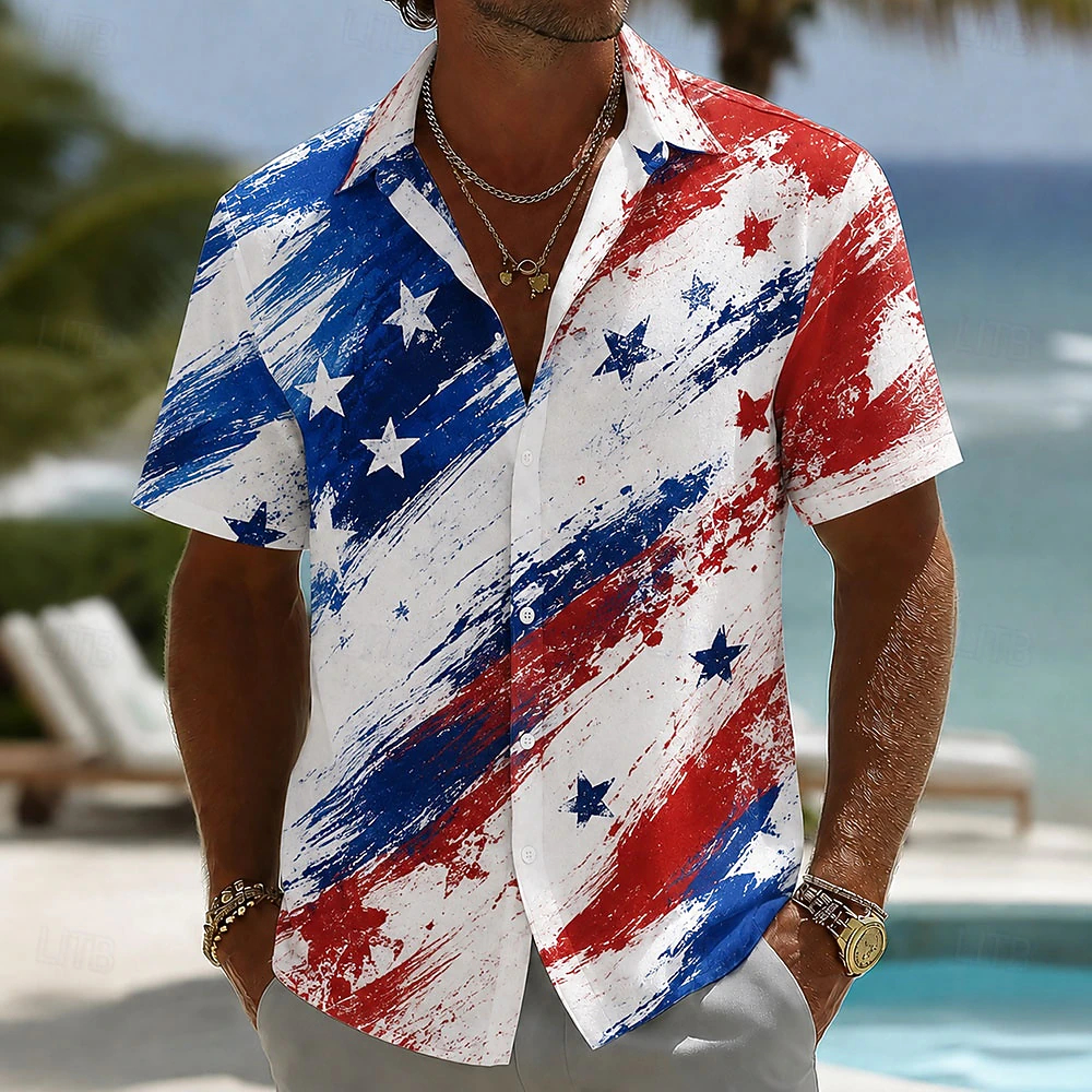 Men Vintage Brush Stroke American Star Flag Print Short Sleeve Lapel Casual Hawaiian Shirt