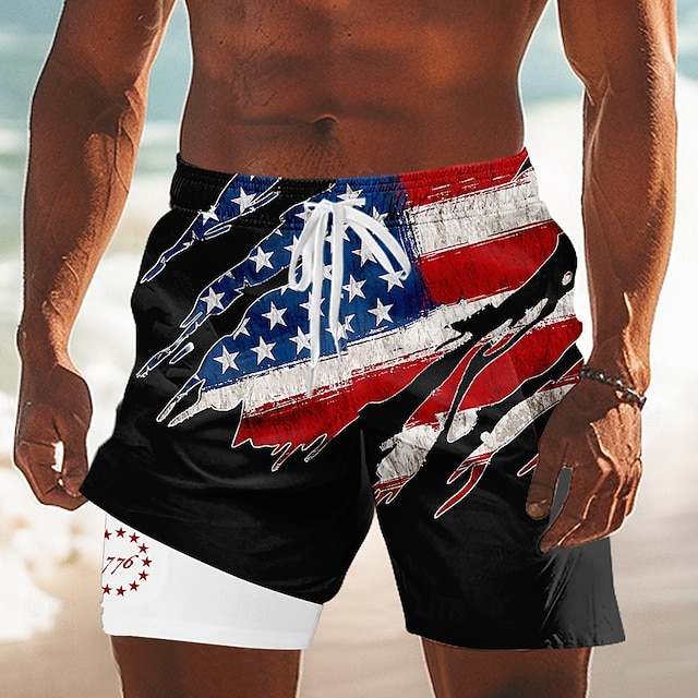 Independence Day Men's 4th of July U.S. 250th Anniversary US Flag Patriotic Lined Shorts 2 in 1 Board Shorts