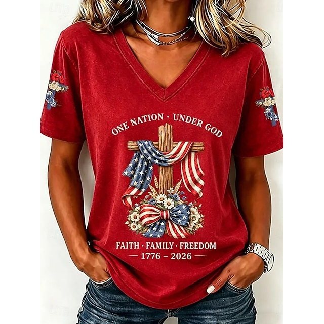 Patriotic Christian One Nation Under God Cross Floral Sleeve V-Neck Women Casual Summer Tee