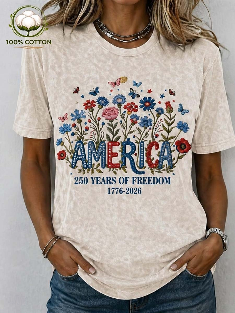 America Floral Wildflower Print Vintage Washed Loose Women Patriotic Summer Casual T-Shirt