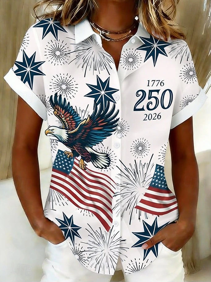 USA 250th Anniversary Patriotic Shirt, Short Sleeve Casual Button Down Blouse