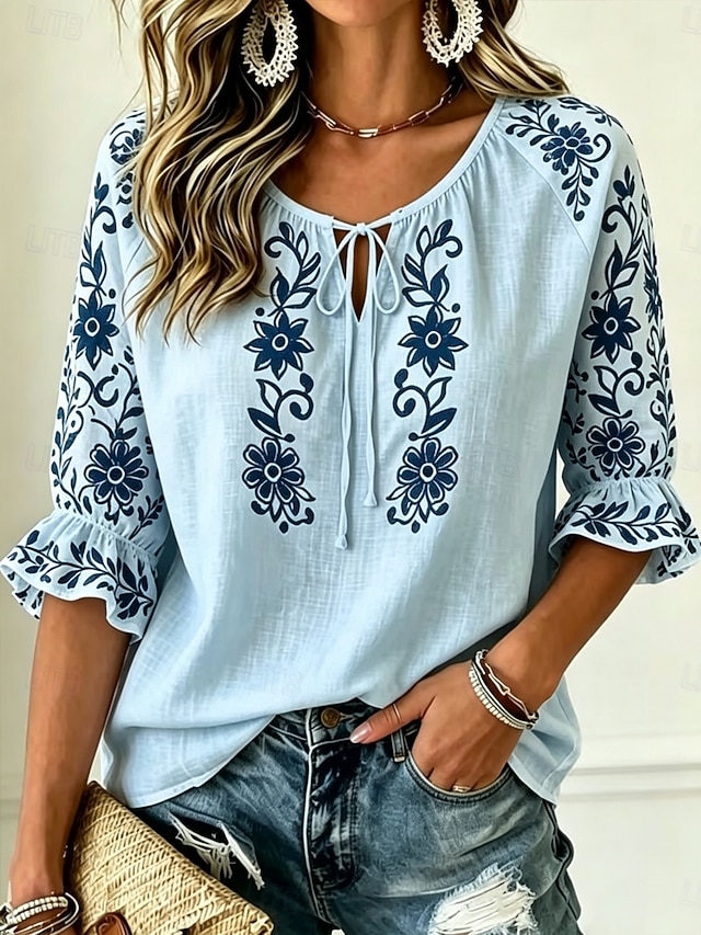 Women's Drawstring Tie-Front Floral Graphic Vintage Blouse, Crew Neck Half Sleeve Casual Top