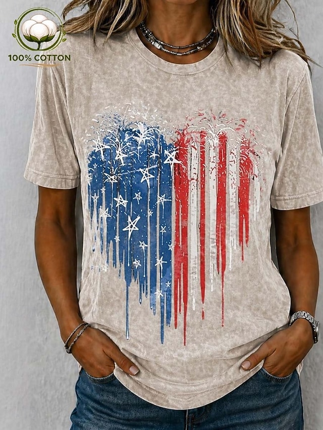 Multi-Color Patriotic Fireworks Flag T-Shirt, 100% Cotton Casual Short Sleeve Tee