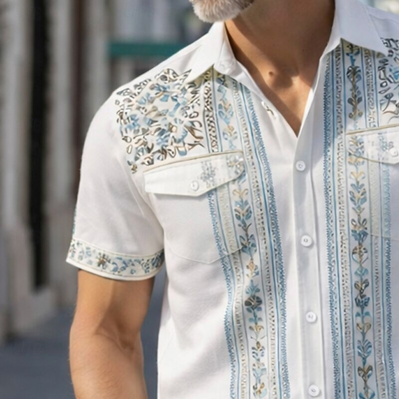 Men Lapel Collar Ethnic Pattern Short Sleeve Button Up Shirts Casual Daily Beach Wear Shirts