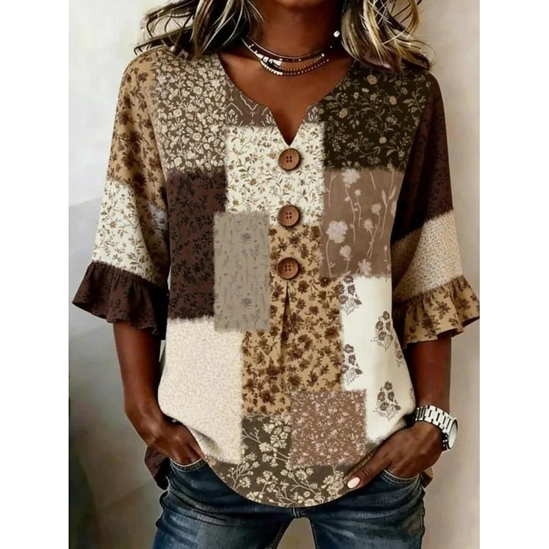 Ladies Lightweight Textured Casual Tunic Top, V-Neck Wooden Button Down Ruffle 3/4 Sleeve Shirt
