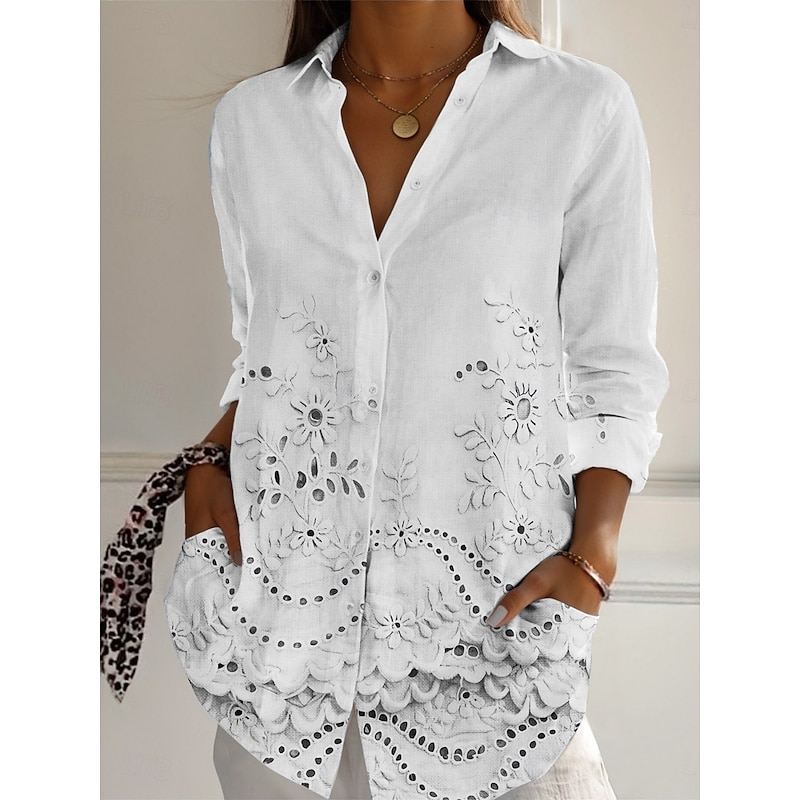 Boho Vintage Floral Eyelet Pattern Loose Fit Blouse, Ladies Long Sleeve Lapel Collar Casual Shirts with Side Pockets