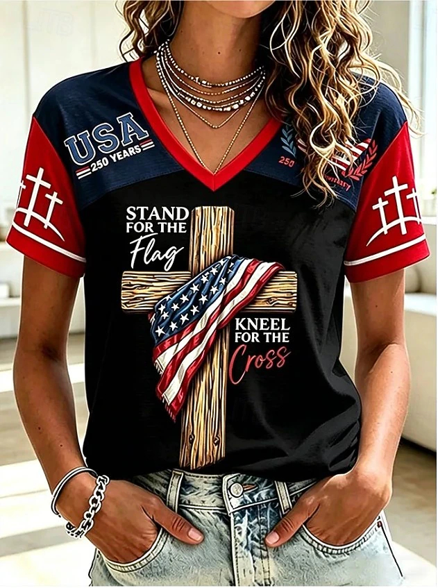 Stand For The Flag Kneel For The Cross Graphic Women Color Block Baseball T