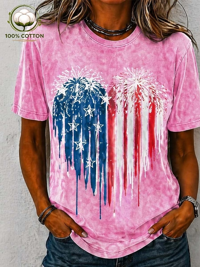 Multi-Color Patriotic Fireworks Flag T-Shirt, 100% Cotton Casual Short Sleeve Tee