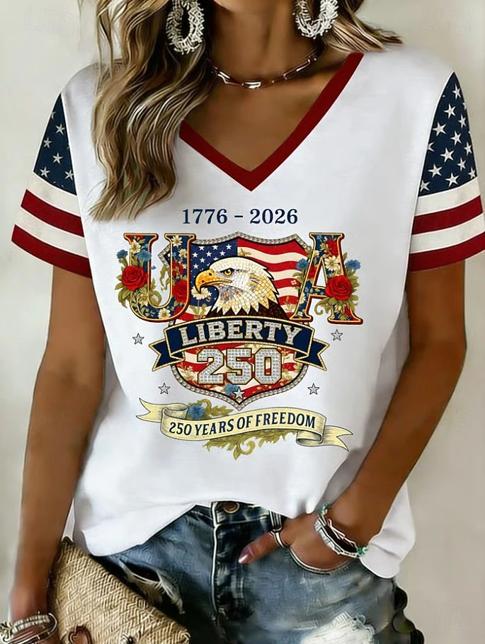 Floral USA Eagle Patriotic V-Neck T-Shirt, Independence Day Short Sleeve Top
